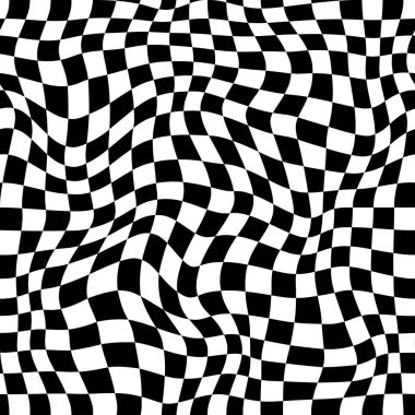 Optik illüzyonlu dalgalı kontrol deseni, trippy dama tahtası vektör arkaplanı. Beyaz sırtlı satranç tahtası girdap ya da psikedelik ve hipnotik görsel efekt deseni için spiral bükülme