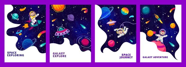 Carteles Espaciales Con Niños Astronautas Galaxias Estrelladas Ovnis Planetas Alienígenas — Vector de stock
