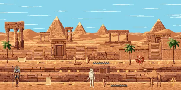 8Bit Pixel Art Arcade Game Level Map Ancient Egypt Pyramids — Stock Vector