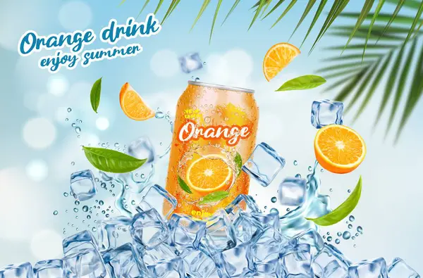 冰橙汁可以 柑橘类水果和茶叶 冰块与水飞溅和棕榈叶 病媒生机勃勃 令人神清气爽的饮品容器 装饰有凉爽的夏季风味3D图案 — 图库矢量图片