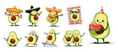 Çizgi film kawaii Meksika avokado karakterleri sombrero, gitar ve marakas, vektör çocuk kişilikleri. Doğum günü pastalı komik avokado, sörf tahtası ya da yaz tatili ve fitness sporu.