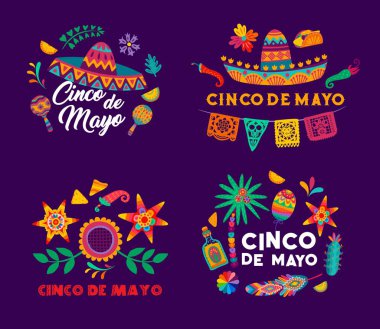 Cinco de Mayo Meksika tatili. İspanyol kültürü kutlama broşürleri, Meksika bayramı parti davetiyesi taşıyıcı afişi. Sombrero şapkası, Picado çelengi ve tekila ile Cinco de Mayo karnaval geçmişi