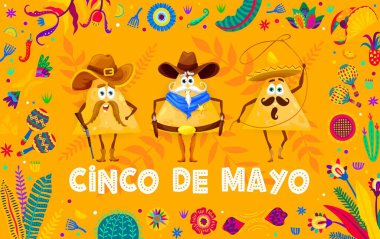 Meksikalı nachos kovboy karakterli Cinco de Mayo afişi, tatil vektör geçmişi. Şapkalı komik bir nacho charro, Cinco de Mayo tatilinde tüfekli şerif kovboy.
