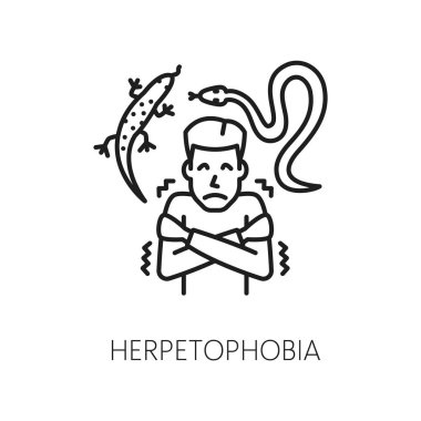 İnsan herpetofobisi ikonu, akıl sağlığı. Sürüngen korkusu, insanların psikolojisi problem çizgisi ikonu. Zihinsel bozukluk resimli resim çizer ya da korkak yılan ve kertenkele adamla imzalar.