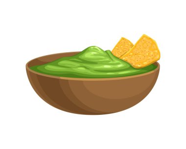 Meksika yemeği, vektör canlı guacamole sos kasesi, kremalı avokado güzelliği ve çıtır çıtır nachos ile dolu, tatmin edici bir deneyim için leziz bir doku ve lezzet karışımı yaratıyor.