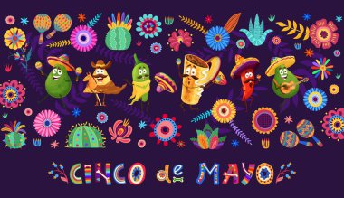 Cinco de Mayo bayram afişi. Çizgi film Tex Mex yemek karakterleri. İspanyol kültürü bayramı davetiyesi, Cinco de Mayo festivali vektör geçmişi nacho chip, avokado ve burrito, jalapeno biberi