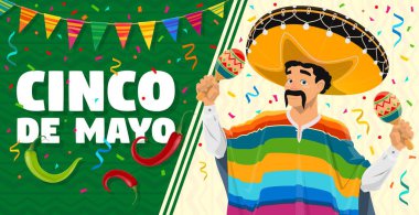 Cinco De Mayo afişi, Meksika 'da tatil için marakas taşıyan bir Meksikalı karakter, vektör geçmişi. Meksika Cinco De Mayo Fiesta kutlama posteri içinde sombrero, chili ve jalapeno biberli bir adam