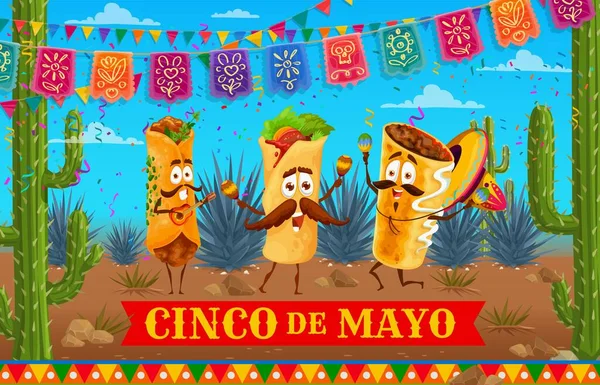 stock vector Mexican burrito, enchilada and chimichanga food characters on holiday party. Vector festive banner with funny tex mex personages wear mariachi sombrero playing maracas, and guitar in decorated desert