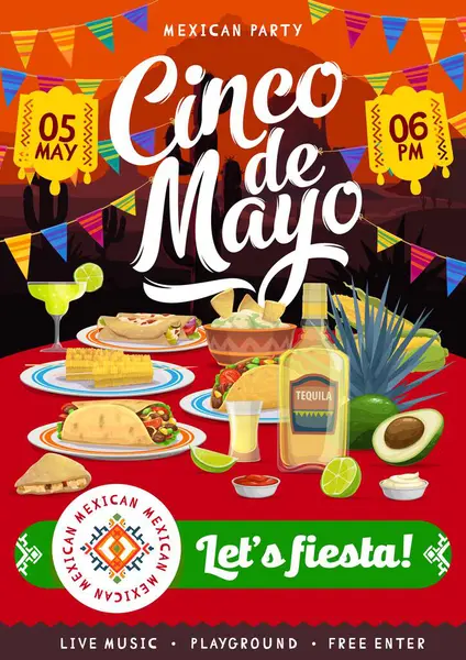 Mexican Cinco Mayo Holiday Party Flyer Tex Mex Food Festive — Stock Vector