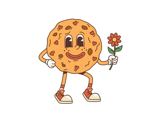 Cartoon Retro Groovy Cookie Character Holding Daisy Isolated Vector Whimsical — Stock Vector