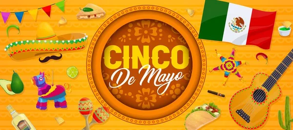Cinco Mayo假日纸用墨西哥国旗 食品和乐器切割横幅 矢量的节日背景与Sombrero Must Aches Pinata和吉他 墨西哥茶 龙舌兰酒和鳄梨 — 图库矢量图片
