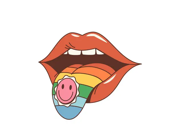 卡通片的淫荡女人嘴与舌头和药物印章 一个孤立的矢量唇显示出一个突出的彩虹舌 装饰着一个小的 生动设计的微笑吸墨纸 暗示了迷幻的经历 — 图库矢量图片