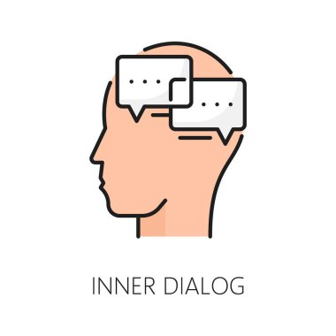 Inner dialog psychological disorder problem, mental health icon. Isolated vector thin line sign of human head with speech bubbles, symbolizing introspection, self-reflection, thoughts and conversation clipart