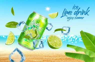 Limon, meyve suyu, buz küpleri ve yaz plajında yapraklar. Buzlu blokların, narenciye dilimlerinin ve kumlu deniz kıyısındaki kulak tırmalayıcı yeşilliklerin arasında mojito içeceği kutusuyla vektör reklamları.