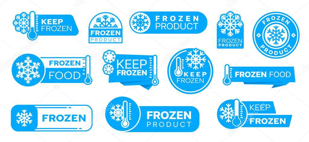 Blue frozen cold product icons, labels and badges. Isolated vector set of stickers Feature snowflakes or frost and thermometer symbols. Elements for for packages or frosty food preservation items