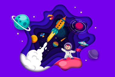 Çizgi film galaksisi uzay kağıdı, roket fırlatmalı pankart ve vektör arkaplanlı çocuk astronot. Uzay Macerası ve uzay gemisi, uzaylı UFO 'su ve asteroidleri olan çocuk uzay adamı ile galaksi keşfi