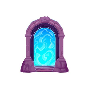 Çizgi filmdeki sihirli kapı ya da fantezi kapısı. Sihirli boyut mavi kapı veya taş sütunları ve basamakları olan taş kemer kapı, fantastik dünya girişi veya fantezi oyun gezegeni kapısı izole vektör varlığı