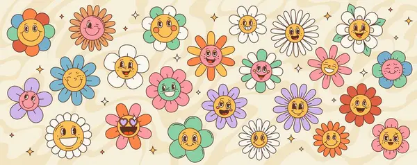 Retro Hippi Harika Papatya Çiçeği Sevimli Mutlu Çiçek Karakterleri Vektör — Stok Vektör