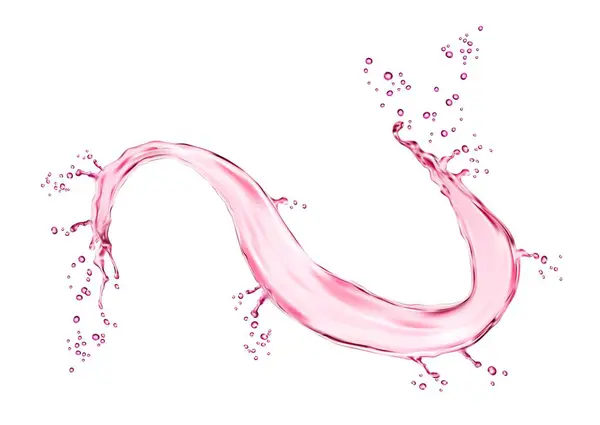 フルーツ ジュースまたはワイン ドリンクのための滴のスプラッターが付いている現実的なピンクの水渦 隔離されたベクター ピンクワインまたはフルーツジュースのピンクの純粋なスパークリングスプラッシュ波 流出の流れの二回の流れ — ストックベクタ