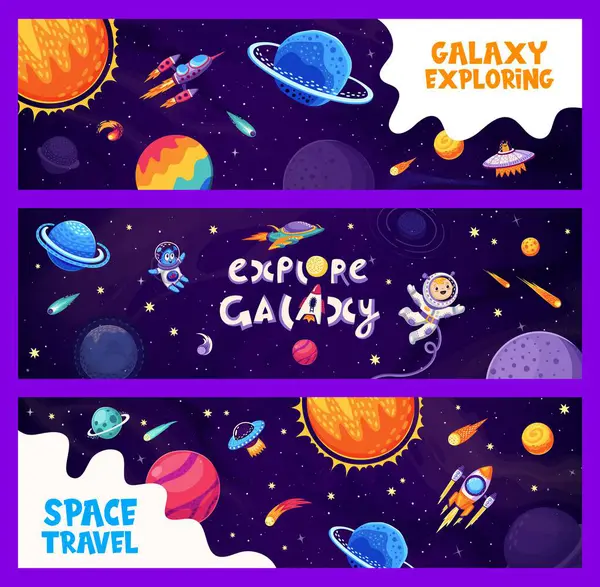Galaxy Space Banners Kid Astronaut Alien Ufo Galaxy Planets Vector — Stock Vector