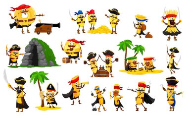 Cartoon funny italian pasta pirate and corsair characters, vector Italy macaroni food. Cute noodle, gnocchi, vermicelli and papardelle, cavatelli, radioatore and paccheri personages with pirate hats clipart