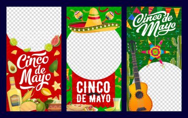 Cinco de Mayo Meksika tatil şablonları, sosyal medya ve blog yazıları. Yuvarlak çerçeveli ve çizgi film sombrero, gitar, marakas ve pinata, tekila, acı biber ve kaktüs içeren Meksika fiesta parti vektör pankartları.