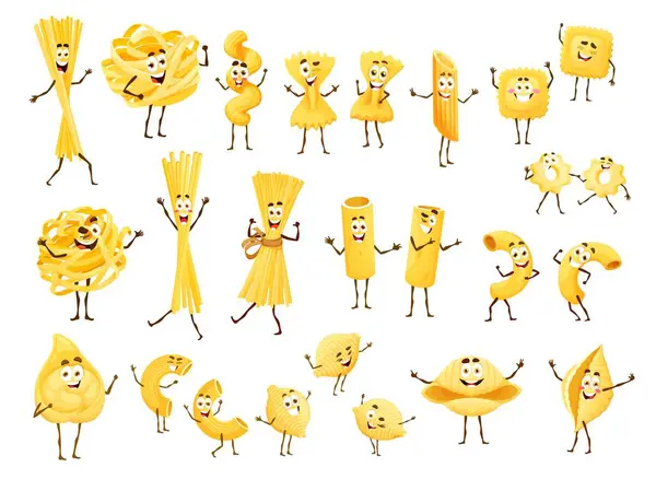 Cartoon Pasta Characters Italian Cuisine Macaroni Funny Cute Smiling Faces — Stock Vector
