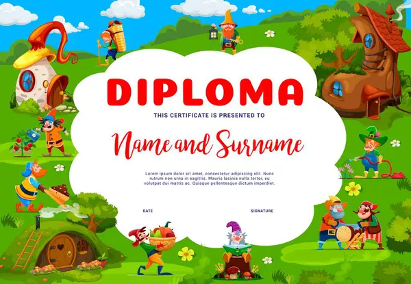 Kids Diploma Cartoon Garden Gnome Dwarf Characters Fairytale Village Vector — Stock Vector