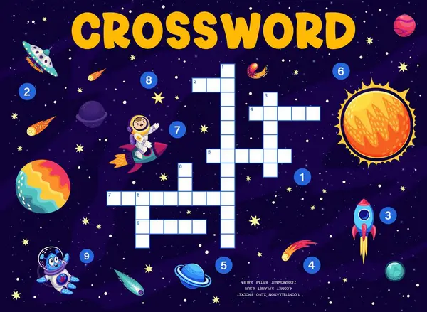 Crossword Frågesport Spel Rutnät Med Galax Rymdplaneter Stjärnor Raket Och — Stock vektor