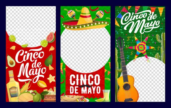 stock vector Cinco de Mayo mexican holiday templates, social media and blog posts. Mexico fiesta party vector banners with round frames and cartoon sombrero, guitar, maracas and pinata, tequila, chili and cactus