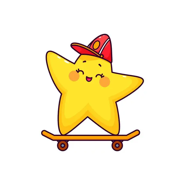 かわいいおかしなおかしなカワイ星やツインクルスケートボーダーキャラクター 孤立したベクター黄色 バラ色のチークで微笑みますスケートボードに乗って喜んで 興奮と輝き バランスのために拡張された小さな腕 — ストックベクタ