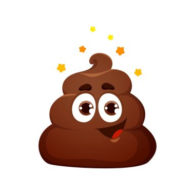 Cartoon poop emoji with gold stars. Funny poo excrement vector character or brown toilet shit emoticon with happy smile and eyes. Stinky pile of dog crap, cheerful poop personage, joyful stool emoji clipart
