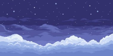 8bit piksel sanat gecesi gökyüzü arkaplanı, oyun alanı manzarası dağınık yıldızlı koyu mavi bir tuval içeriyor, nostaljik, retro bir atmosfer yaratıyor. Vektör parallax 2d ilahi gui konumu, duvar kağıdı
