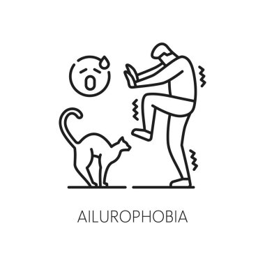 İnsan hastalıkları fobisi ikonu, akıl sağlığı. Kedi problemi korkusu, insan psikolojisi ya da zihinsel bozukluk çizgisel vektör piktogramı, ince çizgi sembolü ya da kedilerle ilgilenen insanlarla işaret dili.
