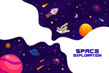 Uzay keşfi afişi, çizgi filmdeki astronot çocuk uzay boşluğunda. Evreni, UFO 'yu ve roketi keşfederken ağırlıksız uçan komik bebek kozmonot ya da uzay adamı ile vektör arkaplan