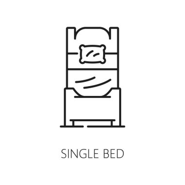 Otel ve restorandan tek kişilik yatak ikonu. Beyaz üzerine izole edilmiş ince doğrusal tek yataklı dış hat simgesi, web ve mobil uygulama sembolü