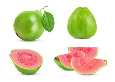 Olgun çiğ gerçekçi guava meyvesi. Tam, yarısı ve yapraklı ve tohumlu tropikal guava dilimleri, vektör meyveli yiyecekler. Yeşil kabuklu ve pembe etli 3 boyutlu sulu dilimler, gölgeli egzotik ağaç meyveleri.