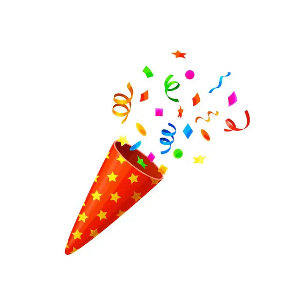 Holiday Birthday Party Popper Cone Firecracker Confetti Stars Ribbons Cartoon — Stock Vector