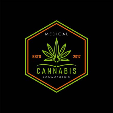 Esrar ya da marihuana ikonu. Tıbbi CBD, ot yaprağı sembolü. Tıbbi kenevir tarım reklam levhası, ilaç CBD ürünü veya doğal ot bitkisi retro vektör damgası veya premium sembol