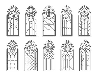 Ortaçağ Gotik kalesi ve Katolik kilisesinin cam pencereleri. İzole vektör ana hatları siyah siluetler. Klasik vitray kemerli çerçeveler, katedral iç mimari geleneksel Avrupa mimarisi