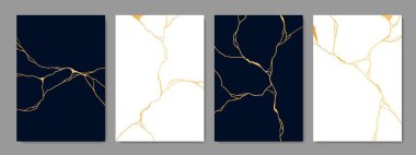 Kintsugi altın çatlaklar, mermer dokular. Siyah ve beyaz dikey arka planlar, dokulu yüzeyde altın zarif damarlar, kusurları ustalıkla kucaklayarak esnekliği ve güzelliği somutlaştıran.