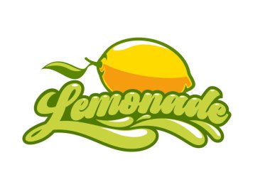 Limon meyvesi, limonata logosu, meyve suyu. Narenciye içeceğini tazelemek için izole edilmiş vektör amblemi, kokteyl ya da sodayı canlandırmak için. Canlı, yemyeşil yapraklı bir limon, tipografi ve su sıçramaları.