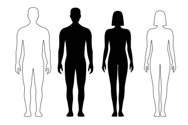 Erkek ve kadın, insan vücudu silueti, dış görünüş, hastanın ön görünüşü. İzole edilmiş vektör tek renkli erkek ve dişi insan şekilleri, tam boy ayakta. Çıplak ve çıplak, zayıf sağlıklı insanlar.