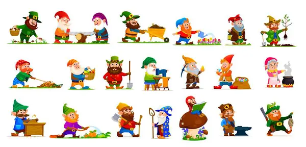 Cartoon Gnome Dwarf Characters Cute Elves Personages Vector Garden Flowers — Stock Vector