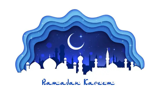 拉马丹 卡里姆 Ramadan Kareem 伊斯兰式阿拉伯清真寺的轮廓和新月形月亮在纸切割的三层3D矢量框架内 古色古香的阿拉伯城市景观 圆顶和塔尖在蓝色星空下 — 图库矢量图片