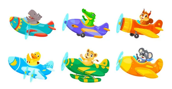 飞机上的小动物角色 病媒漫画松鼠和鳄鱼 鸭和考拉 有趣的狮子和河马作为小孩玩具的飞机驾驶员 有趣的人物飞行员驾驶螺旋桨飞机飞行 — 图库矢量图片