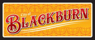 İngiltere 'nin Lancashire şehrindeki Blackburn kasabası. Vector seyahat plakası ya da çıkartma, antika teneke tabela, eski tatil kartpostalı ya da seyahat tabelası, bagaj etiketi. Çiçekli süslemeli hatıra kartı.