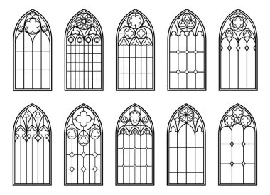 Gotik kalenin ortaçağ pencereleri ya da kilise camı ve katedral kemerleri, vektör mimarisi. Vitray süslemeli klasik gotik pencereler, antik tapınak veya Rönesans kilisesi kemerli pencereler.