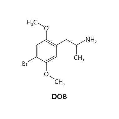 DOB ilaç molekül formülü ve kimyasal yapı, sentetik veya organik uyuşturucu vektör modeli. DOB veya brolamfetamin psikedelik uyuşturucu moleküler yapısı ve uyuşturucu maddesinin kimyasal formülü