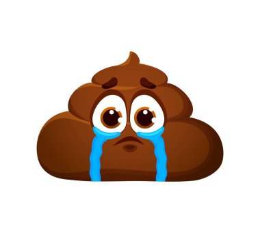 Crying poop cute cartoon emoji or character. Poo cute emoticon, poop funny isolated vector emoji or toilet shit cartoon character. Stinky excrement sad personage crying with tears